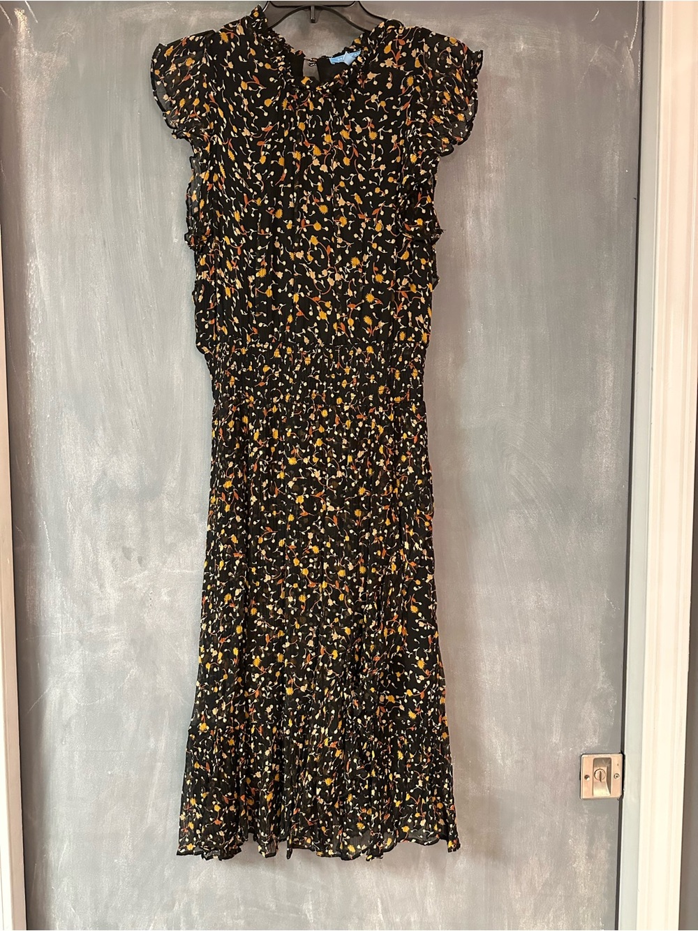 Draper James Black Midi Dress with Yellow and Cream Floral Print
